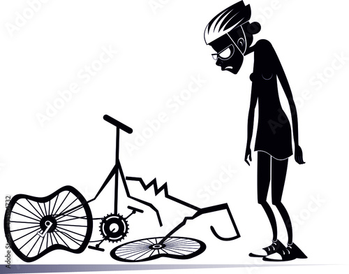 Cyclist woman and a broken bike isolated illustration. Sad woman standing near a broken bike with downcast head and hands black on white
