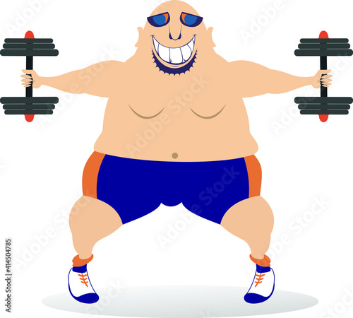 Cartoon strong man does exercises with dumbbells illustration. Smiling bald-headed man in sunglasses does exercises with dumbbells isolated on white
