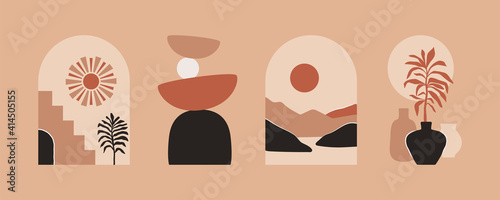 Abstract art print boho aesthetic in pastel colors. Natural minimalist wall decor with sun and earth elements in vector