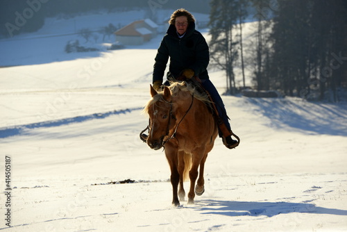 Ausritt im Schnee. Schönes Pferd mit Frau im Winter