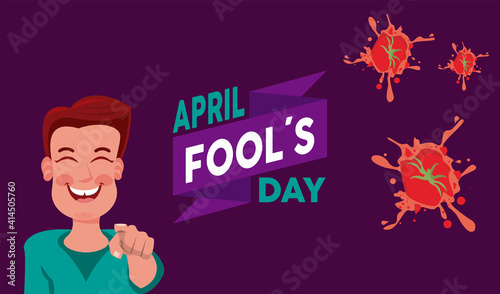 april fools day lettering with happy man and popped tomatoes