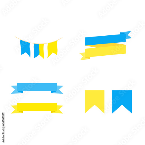 There are Ukrainian objects. Set of tape, ribbon, and flag on a white background.