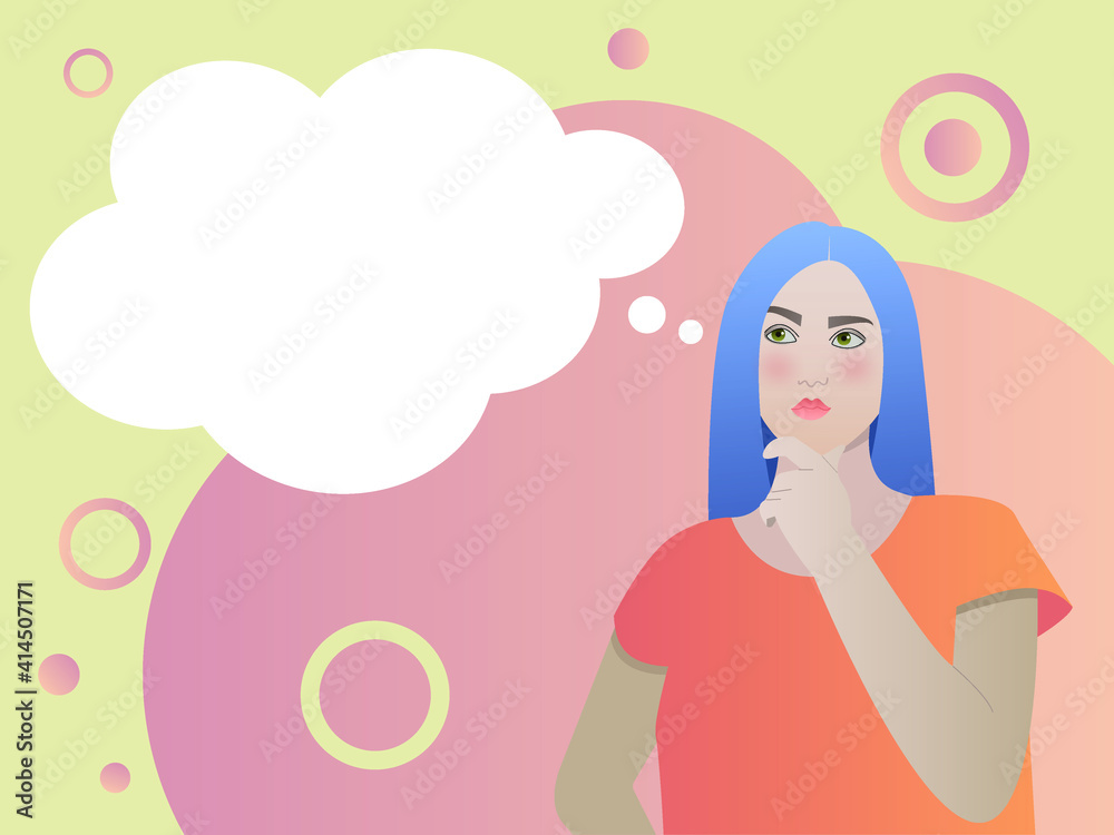 Beautiful girl is thinking or dreaming about something. There is a white cloud next to her head, for any of your information. What she thinks you decide. Beautiful girl is thinking or dreaming about something. There is a white cloud next to her head, for any of your information. What she thinks you decide.