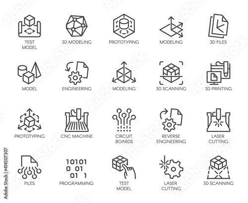 Premium Icons Pack on Engineering, Product Development and Creation. Such Line Signs as Prototyping, 3D Modeling, 3D Scanning. Vector Icons Set for Web and App in Outline Editable Stroke. photo