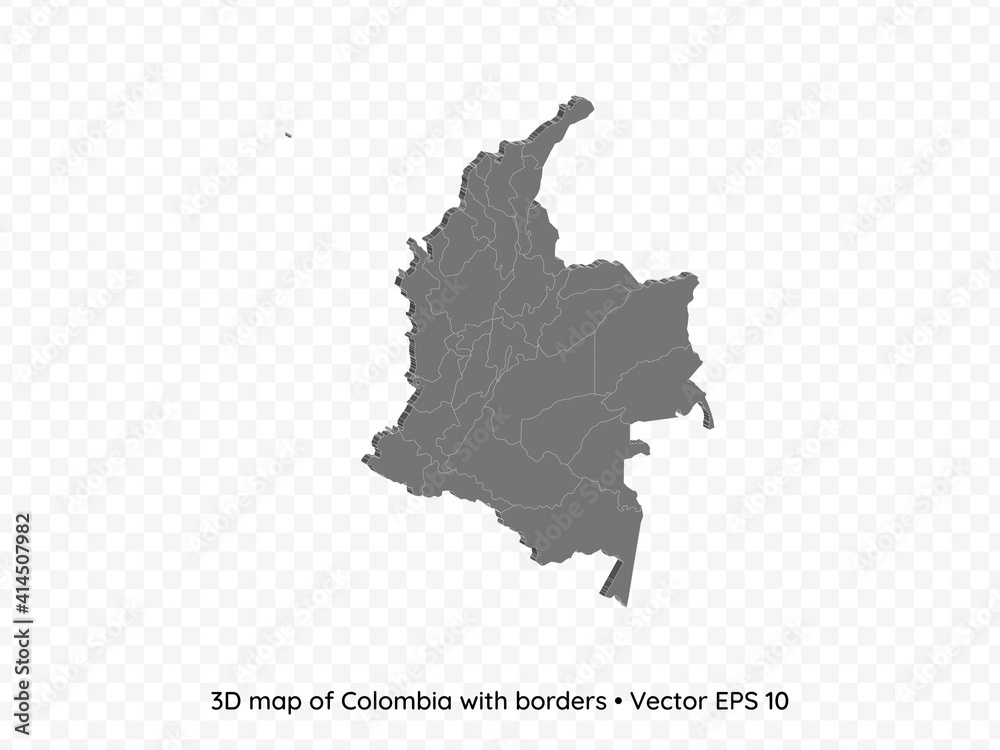 3D map of Colombia with borders isolated on transparent background, vector eps illustration