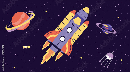 rocket flying and planets space scene