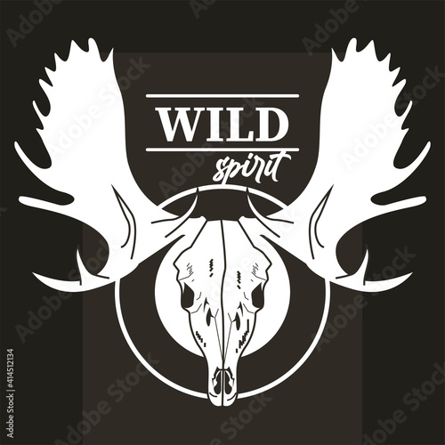 wild spirit lettering with moose head skull