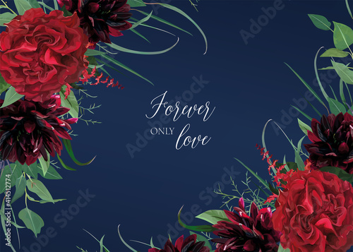 Luxury, stylish floral watercolor style  wedding invitation, greeting, banner design. Stylish burgundy dahlias, red Rose flowers, greenery eucalyptus leaves wreath frame. Editable, vector illustration