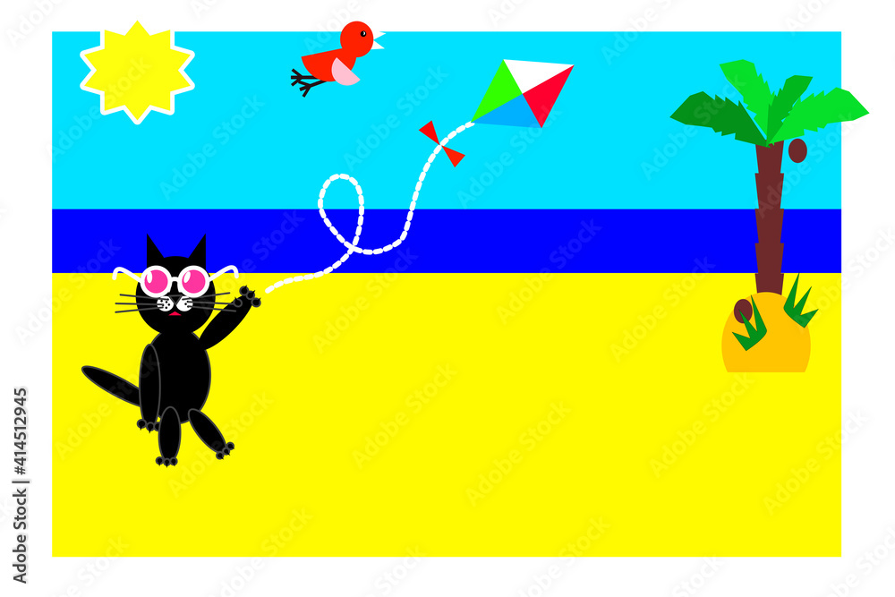 black cat on the beach near the blue ocean or seaside on paradise island, cute cat vacation. Image with copy space in center