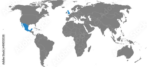 Maps of Mexico, United kingdom countries isolated on world map. Gray background. Travel backgrounds and Business concepts.
