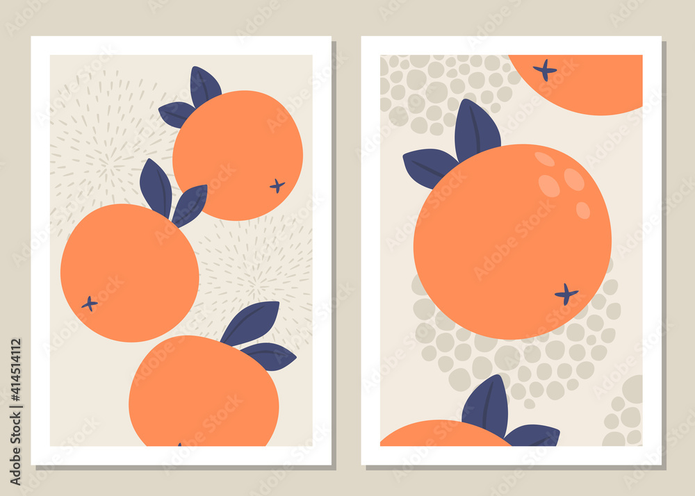 Abstract art wall with fruits. Abstract oranges and shapes for collages, posters, covers, perfect for wall decoration. Vector.