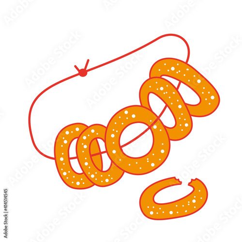 Round Bagels on a rope. Russian Maslenitsa. Vector isolated on a white background.