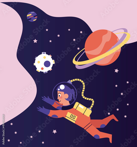 astronaut girl floating in the space scene