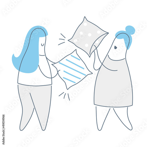 Pillow fight. Full length portrait of two excited girls dressed in pajamas having pillow fight. Thin line elegance vector illustration on white.