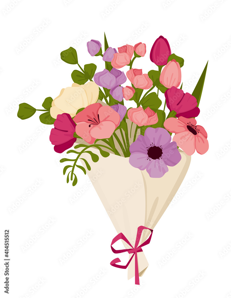 Spring bouquet for Mother s Day with tulips and other flowers, March 8, International Women s Day. Vector