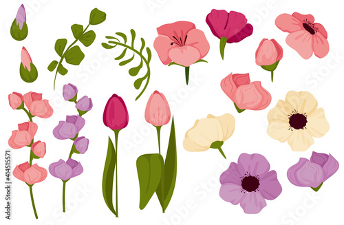 Spring set with flowers, bright colorful flowers and tulips. Suitable for templates, stickers and icons. .vector illustration.