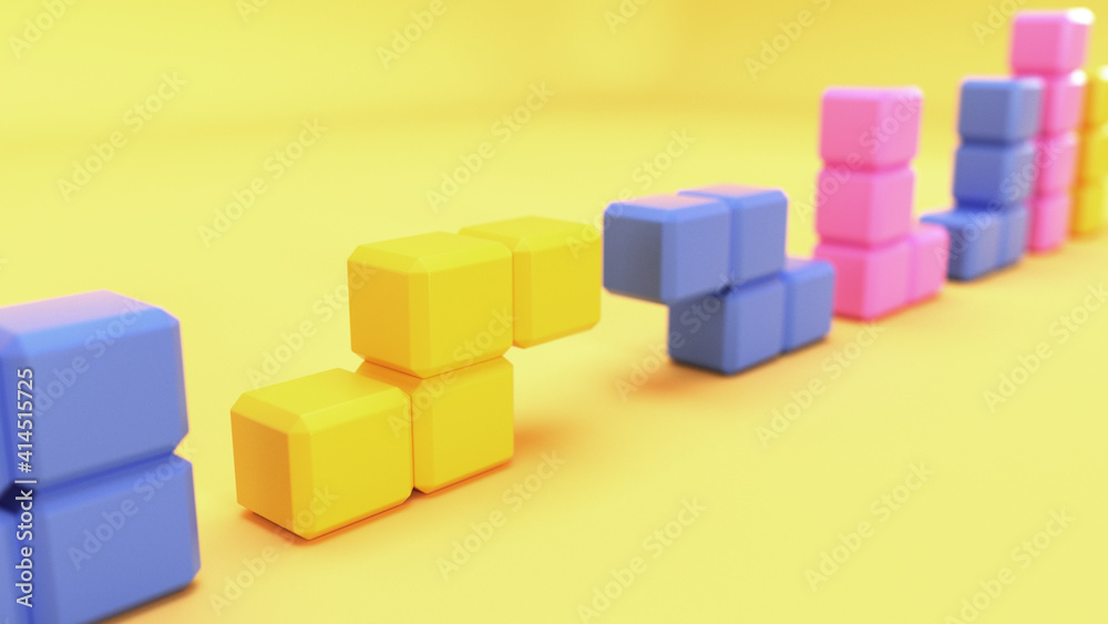 Tetris game pieces 3D render. Blocks of Tetris standing with studio light as modern sculptures of geometric art over yellow background with realistic glossy materials. Tetris game pieces 3D render. Blocks of Tetris standing with studio light as modern sculptures of geometric art over yellow background with realistic glossy materials.