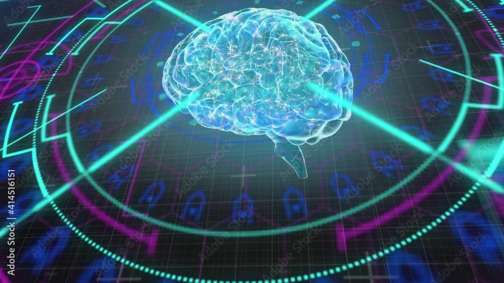 Animation of glowing human brain, scope scanning and data processing over grid in background Animation of glowing human brain, scope scanning and data processing over grid in background