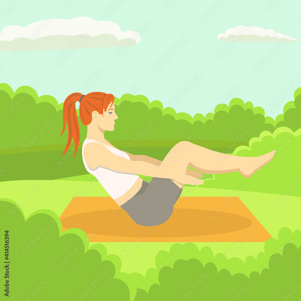 Sport, athletics, workout concept. Young happy woman teenager athlete cartoon character exercising for slimness and muscles. Professional wellbeing competition recreation illustration.