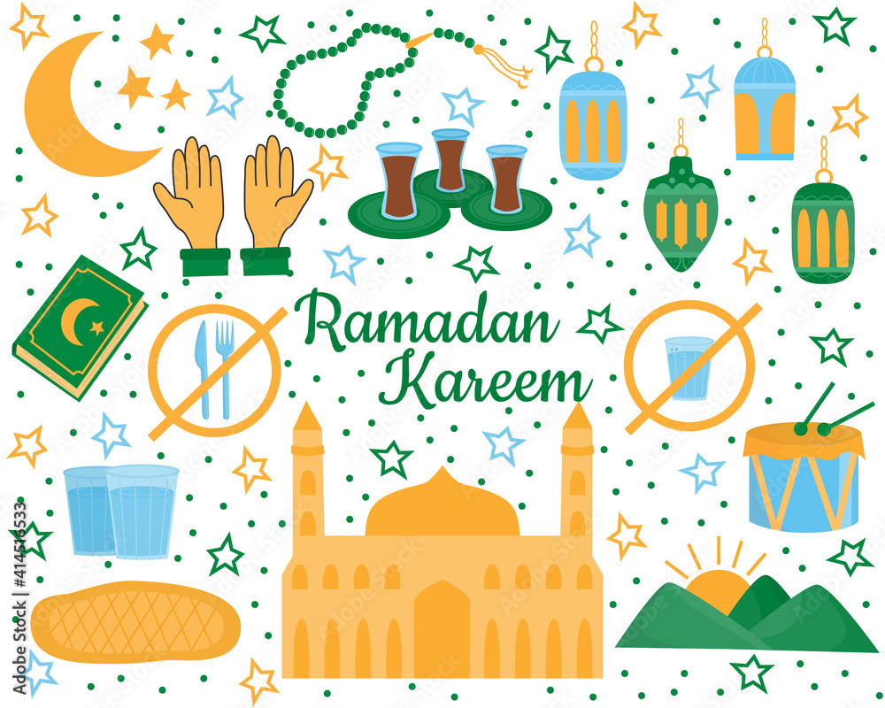 Set of holy Ramadan Kareem elements. Muslim festival Ramazan. Eid mubarak, Islamic celebration icons. Isolated on a white background. Flat illustration.