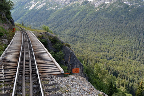 The White Pass historic train tracks passing over mountains from Skagway Alaska to Fraser BC on the route of the Klondike Gold miners
