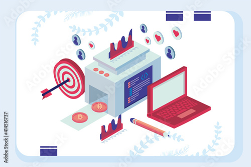 bitcoins machine and laptop with social media isometric set icons