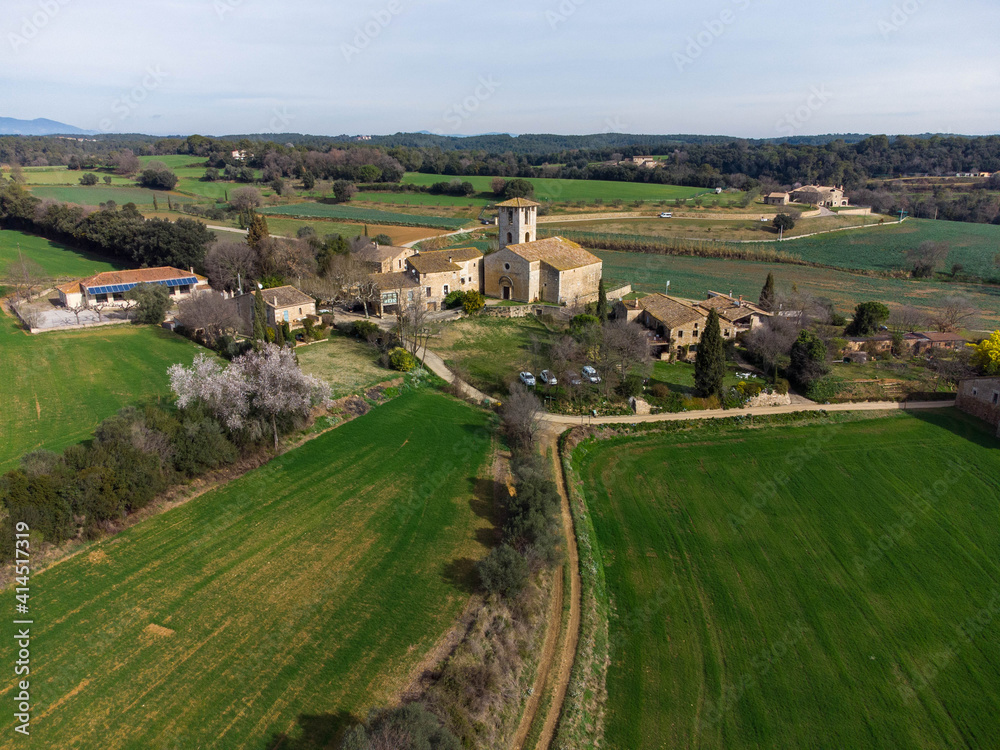 aerial view of fields and old village