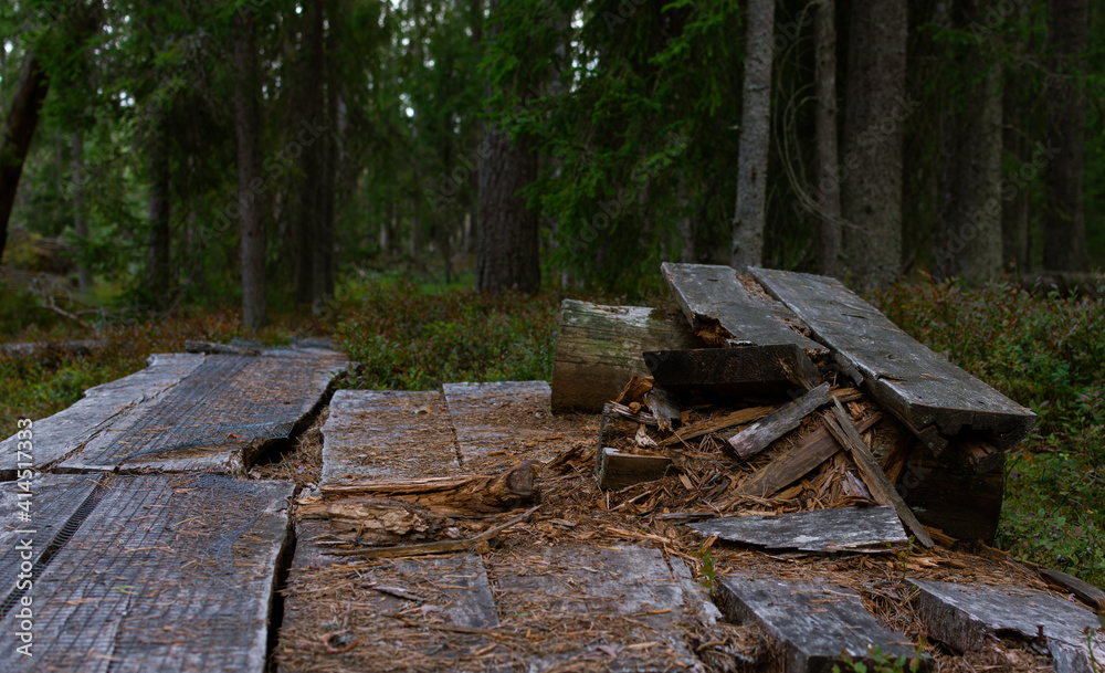 broken bench in the woods broken bench in the woods