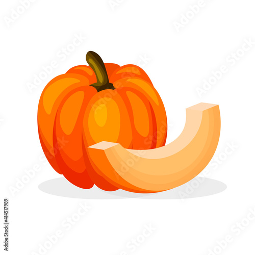 Fresh whole and piece of pumpkin isolated on white background. Vegan food vector vegetable icons in a trendy cartoon style. Healthy food concept.	