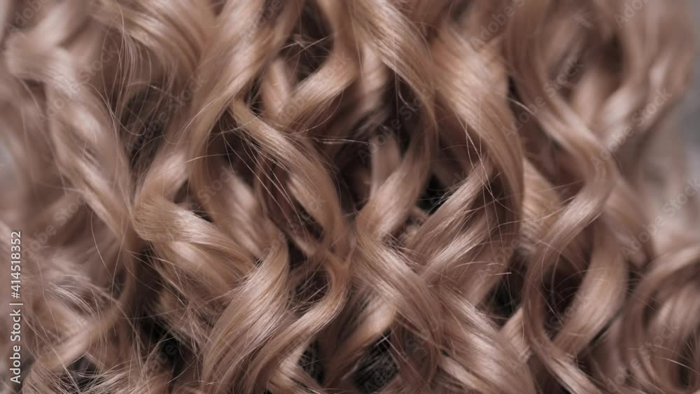 A beautiful large clan head with elastic waves of curls. Springy elastic waves of curls on the blonde's head. A lock of hair is a spring. High quality 4k footage