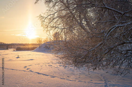 Beautiful winter landscape. The branches of the trees are covered with hoarfrost. Foggy morning sunrise. Colorful evening, bright sunshine over a river and bridge Beautiful nature scene at sunrise.