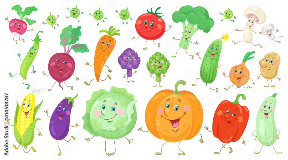 Big set of funny colorful vegetables. In a cartoon style. Isolated on white background. Vector flat illustration. Big set of funny colorful vegetables. In a cartoon style. Isolated on white background. Vector flat illustration.