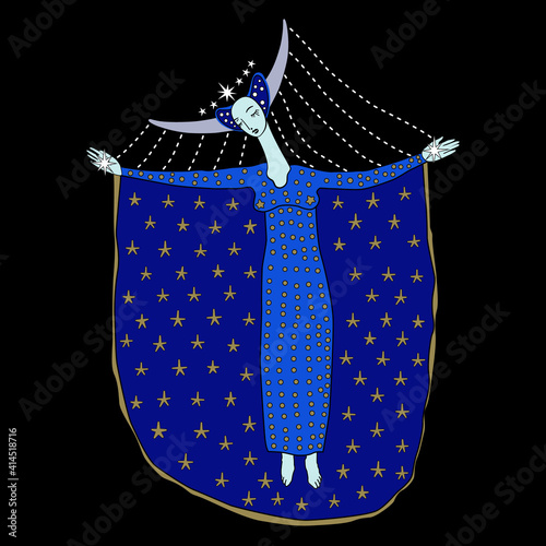 Goddess of night. Fantastic woman with open arms in starry blue gown and horned crescent moon crown. Female archetype. Nyx or Selene.