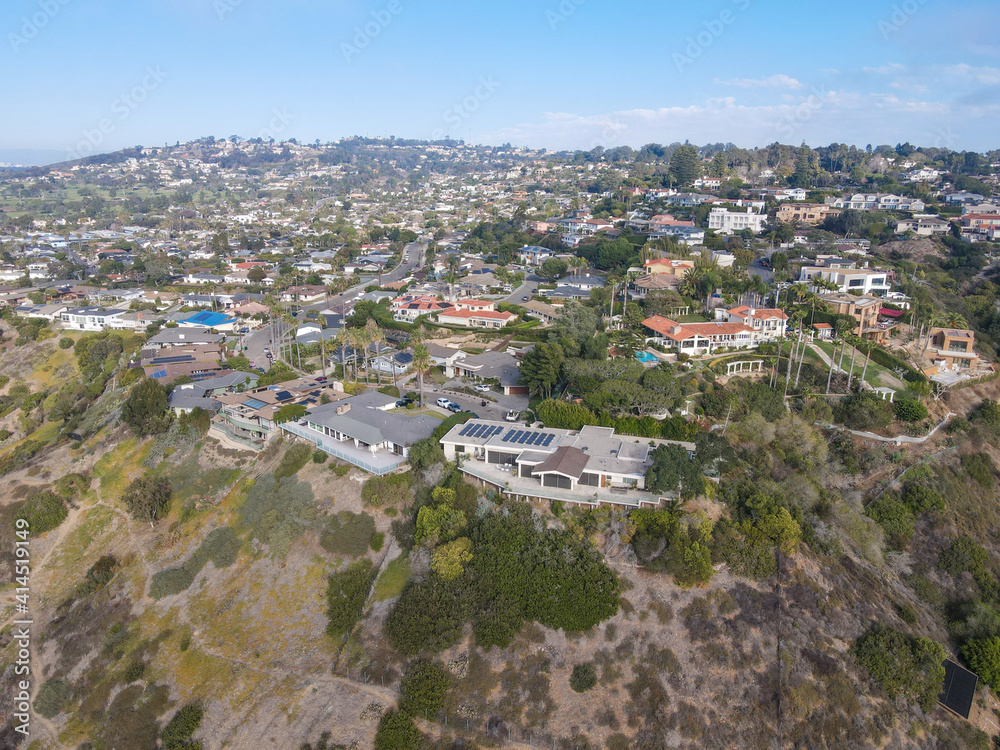 Aerial view of La Jolla Hermosa valley with big villas, San Diego, California, USA