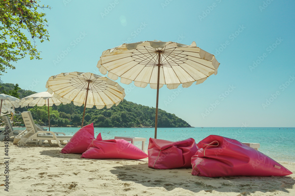 Beautiful tropical sunlight scenery  at koh samed island in Thailand, White sand, sea view with horizon,calmness and relaxation. Inspirational beach resort hotel landscapet,Vintage tone concept