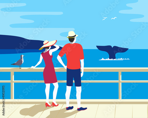 Whale Tail in Ocean Watching Tourism flat vector