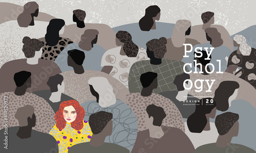 Psychological concept. Bulling.Vector illustration of loneliness among people in a crowd, mental problems, fear and insecurity. White crow. Drawing for banner, background or poster