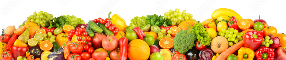 Wide panoramic composition of ripe, juicy fruits and vegetables isolated on white Wide panoramic composition of ripe, juicy fruits and vegetables isolated on white
