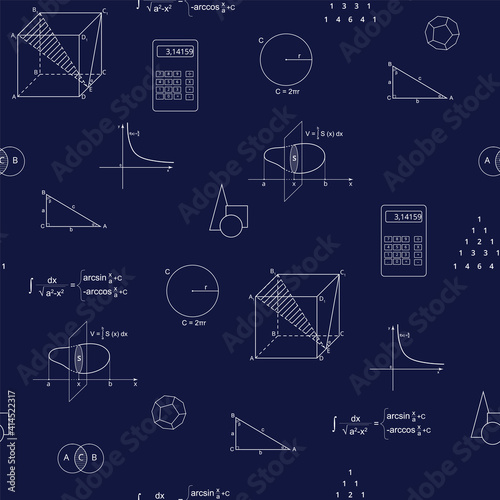 Maths seamless pattern. Vector repeating science background. Mathematical symbols. Algebra and geometry