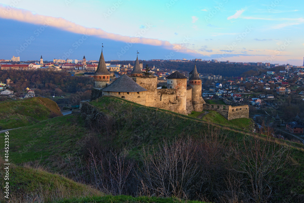Picturesque landscape view of medieval Kamianets-Podilskyi castle. Cityscape background. Famous touristic place and romantic travel destination. Ukraine
