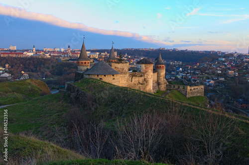 Picturesque landscape view of medieval Kamianets-Podilskyi castle. Cityscape background. Famous touristic place and romantic travel destination. Ukraine