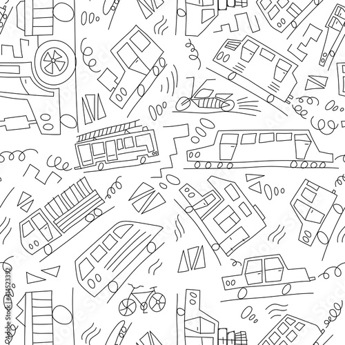 Vector black and white doodle monoline cars. Seamless baby boy pattern monoline. Texture for wallpaper, fills, web page background