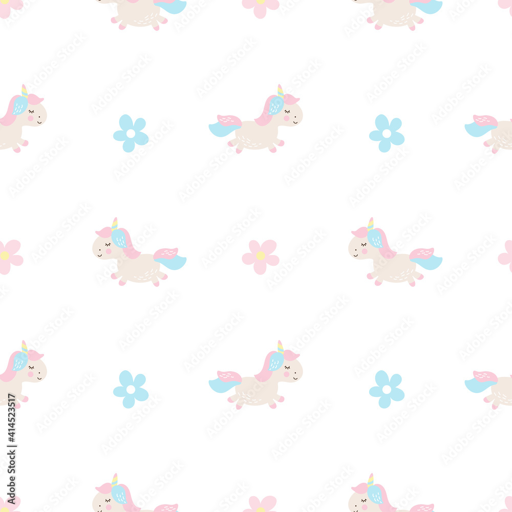 Cute cartoon unicorn seamless baby vector pattern background illustration with pastel flowers. Children texture for kids wallpaper, fills, web page background