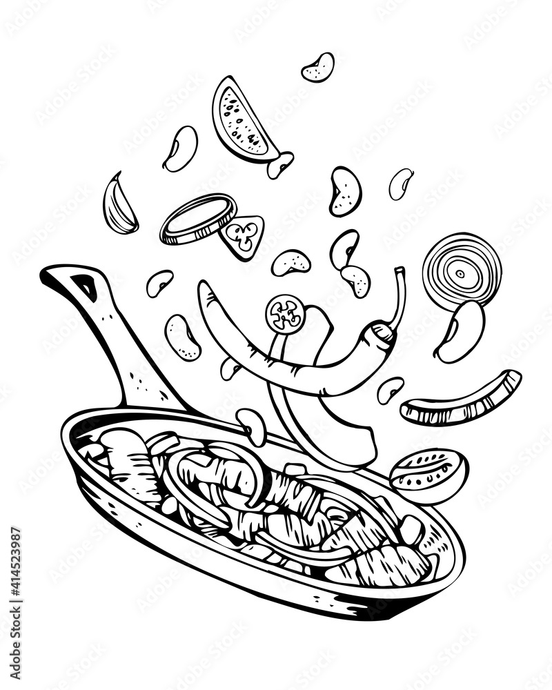 Cooking pan with food ingredients. Frying vegetables and meat. Hand