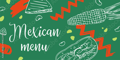 Mexican menu print design template. Quesadilla, taco and vegetables. Hand drawn outline vector sketch illustration