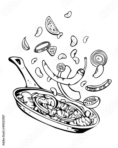 Cooking pan with food ingredients. Frying vegetables and meat. Hand drawn outline vector sketch illustration isolated on white background