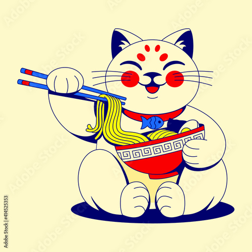 Cat Eating Ramen Noodle Vector Illustration. Flat Cartoon Style Suitable for Banner, Flyer, Sticker, Card.