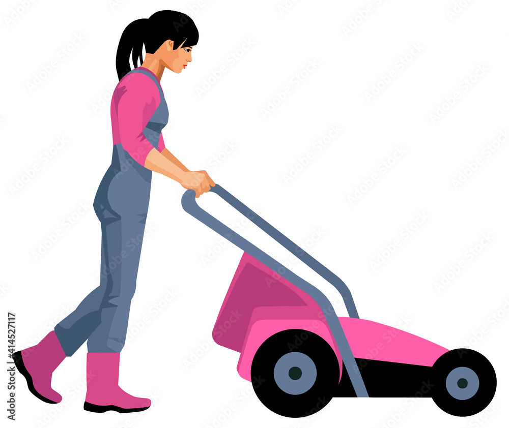 Asian woman gardener or farmer mows the grass with a lawn mower Asian woman gardener or farmer mows the grass with a lawn mower