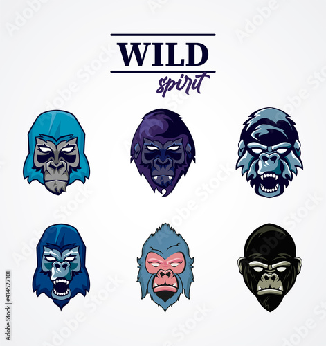 wild spirit lettering with gorillas heads set photo