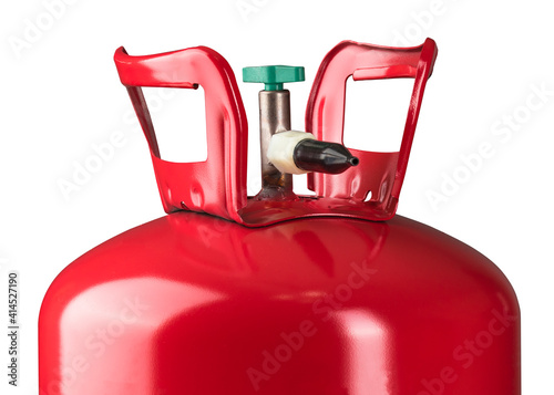 Helium tank. Metal liquefied compressed helium gas container for filling or inflating Balloons good for birthday and other holidays.  photo